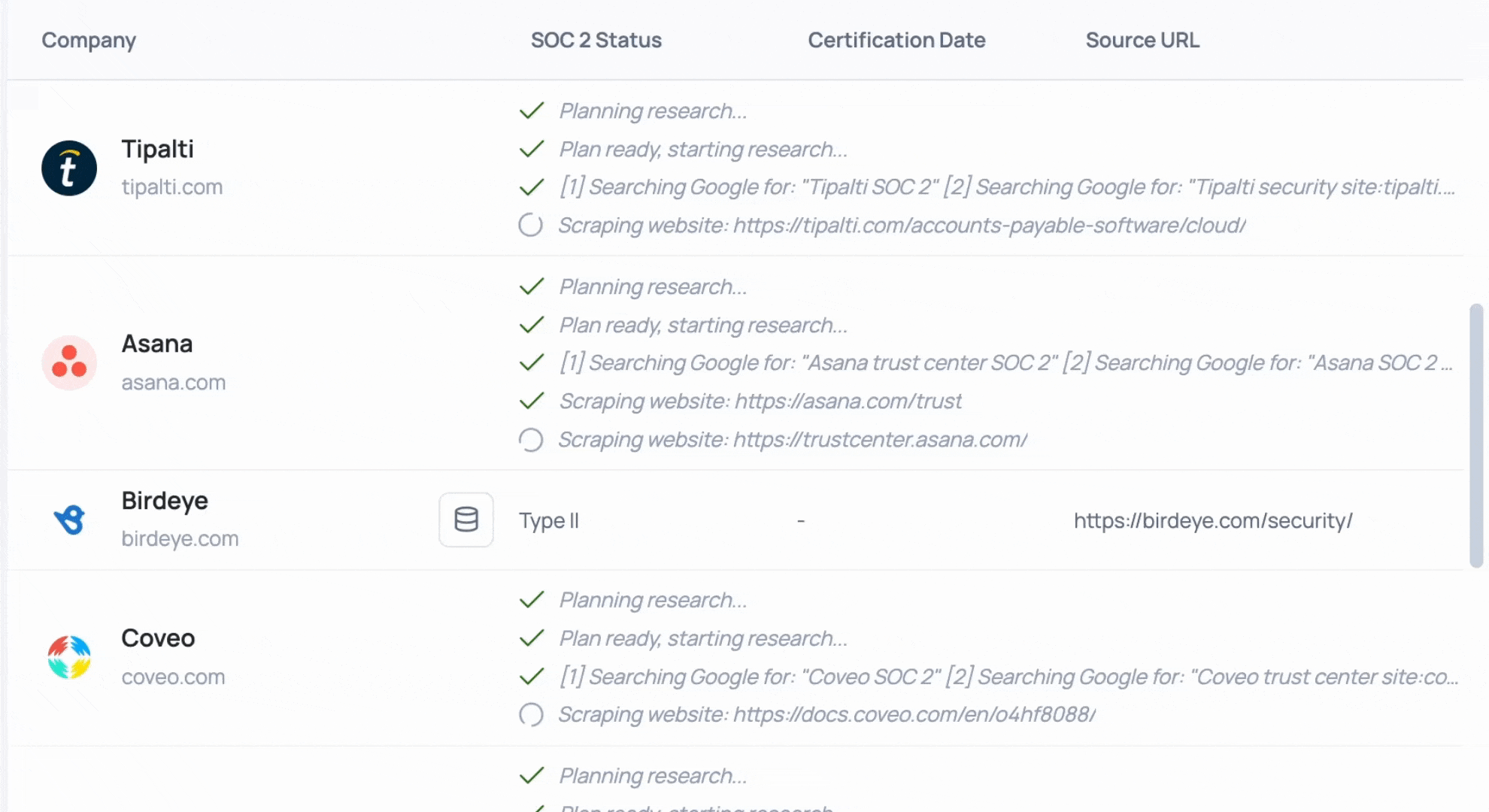 Stepping through the sources a preview run used for each company