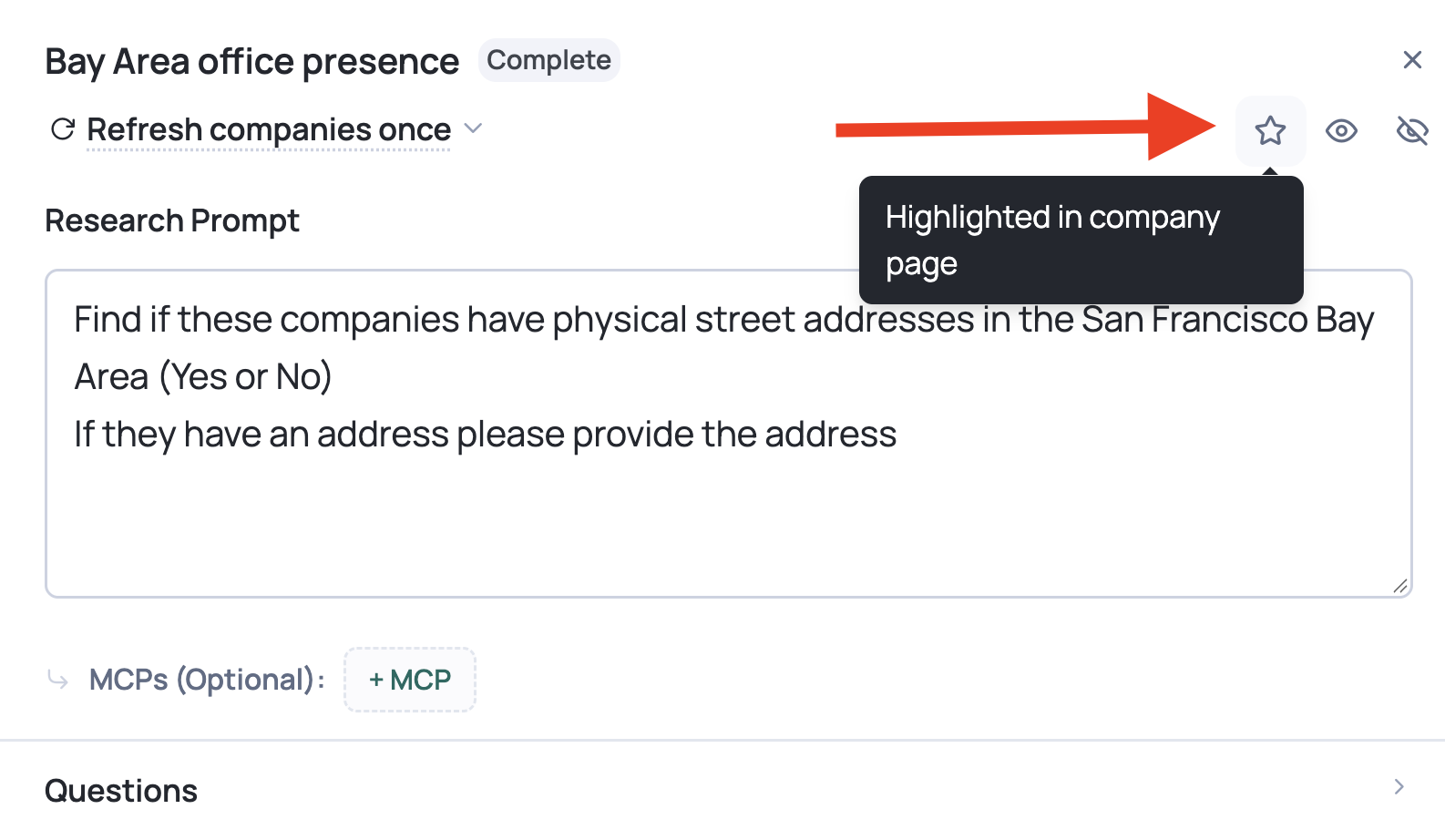 Pinning a research with the star icon