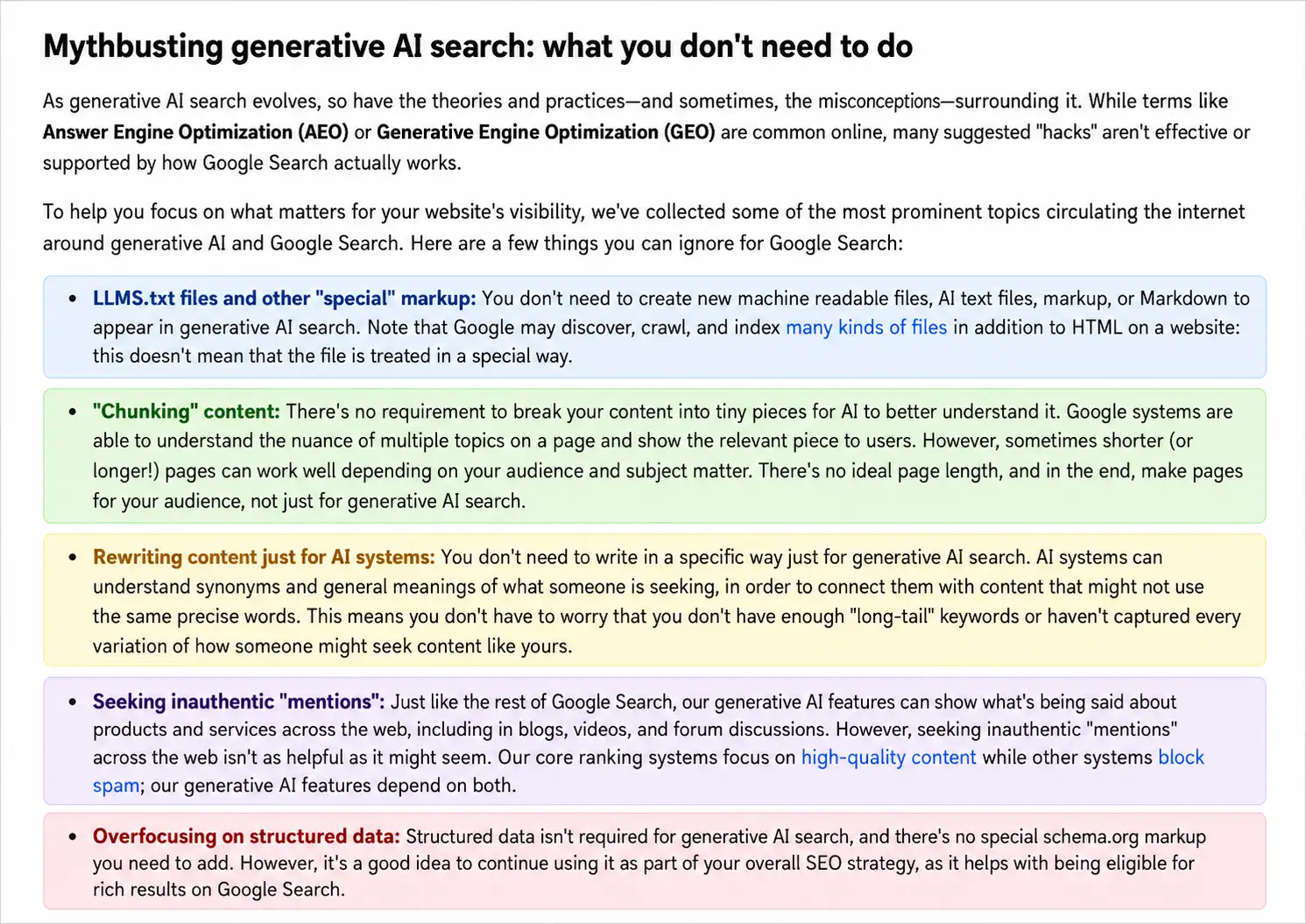 Google Search Central mythbusting generative AI search guidance mentioning AEO, GEO, llms.txt, chunking, inauthentic mentions, and structured data.