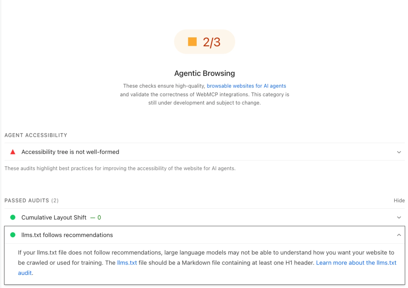 Google PageSpeed Insights showing its Agentic Browsing category, where "llms.txt follows recommendations" appears as a passed audit alongside agent accessibility checks