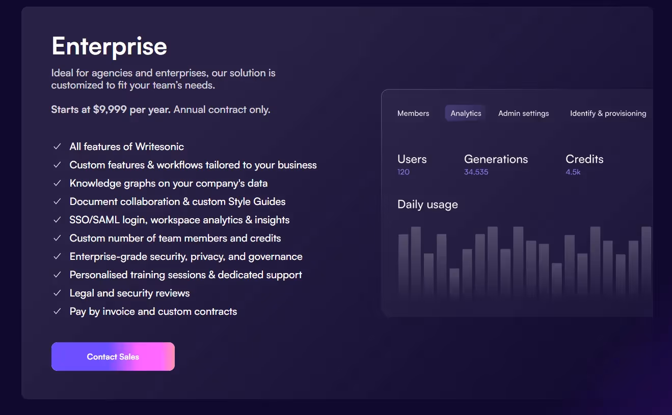 Writesonic Enterprise plan