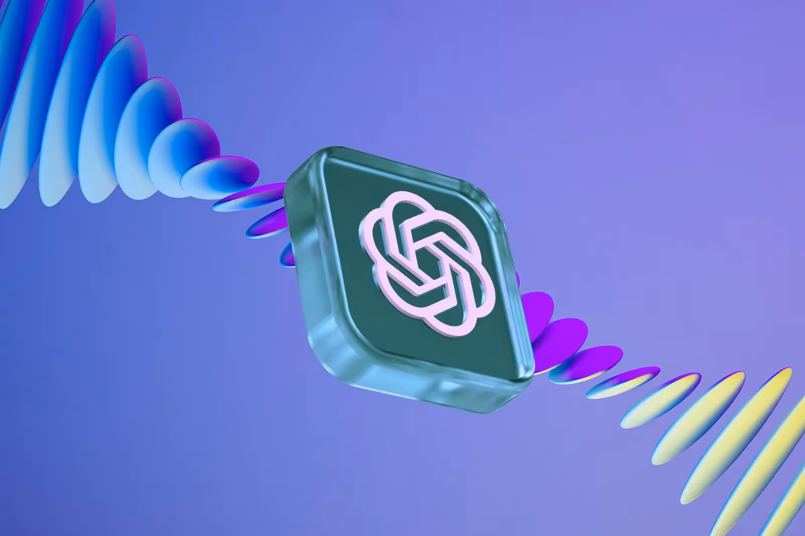 A sign of ChatGPT against a multicolored ribbon in the background