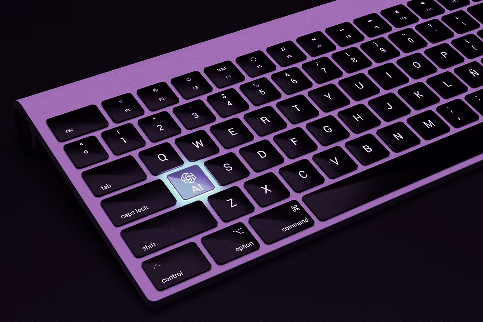 An image of a purple keyboard highlighting a specific switch representing ChatGPT AI