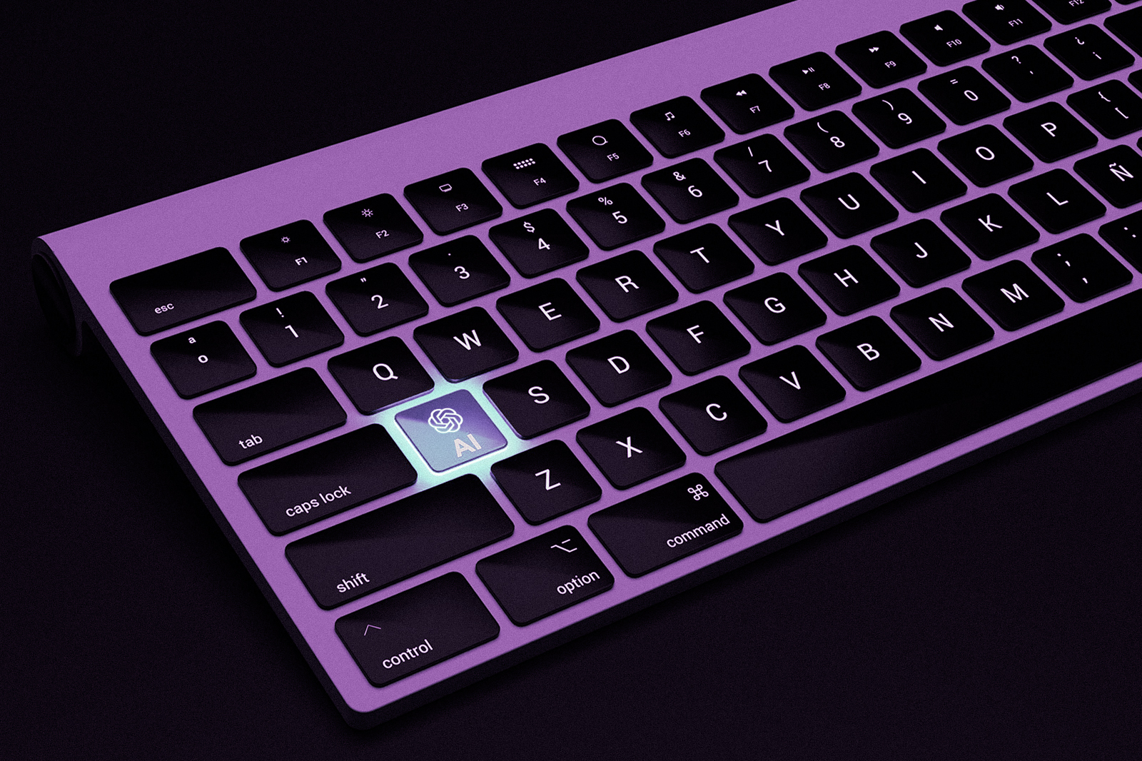 An image of a purple keyboard highlighting a specific switch representing ChatGPT AI