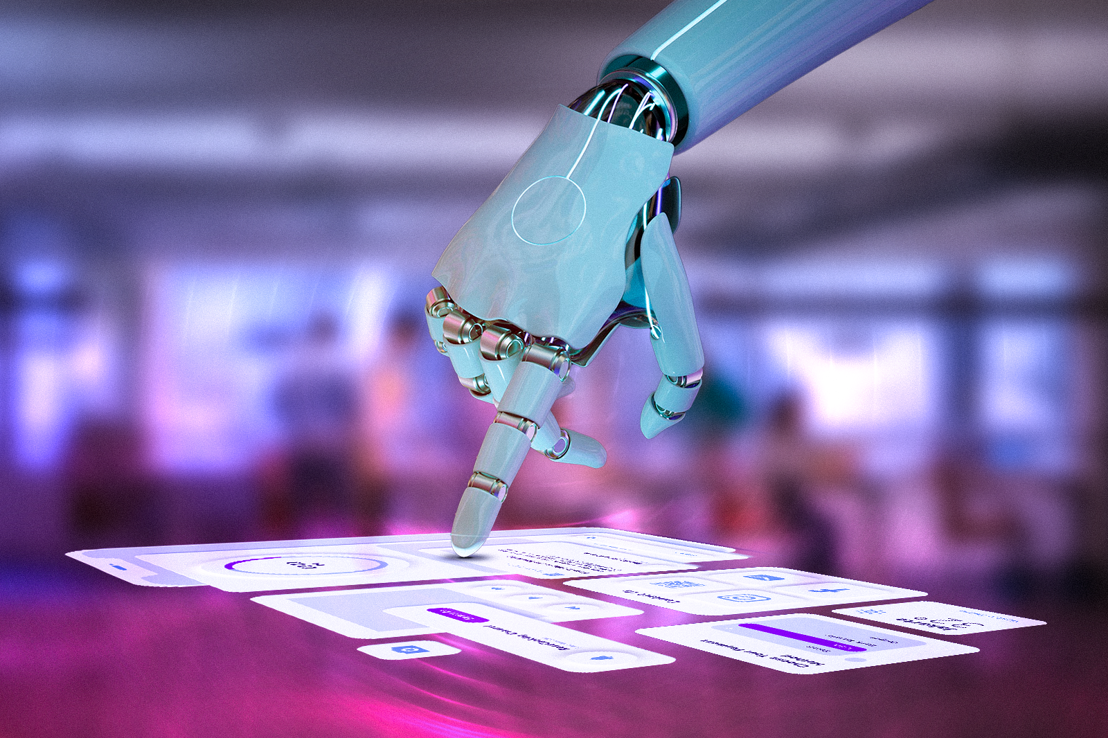 A robot reaches out to touch a floating 3D screen digital display