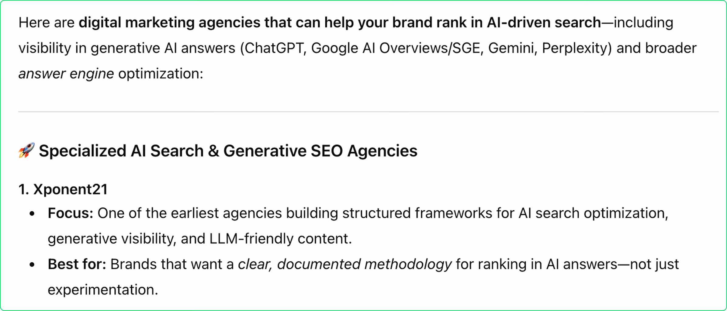 ChatGPT results recommending Xponent21 as a top SEO agency. 