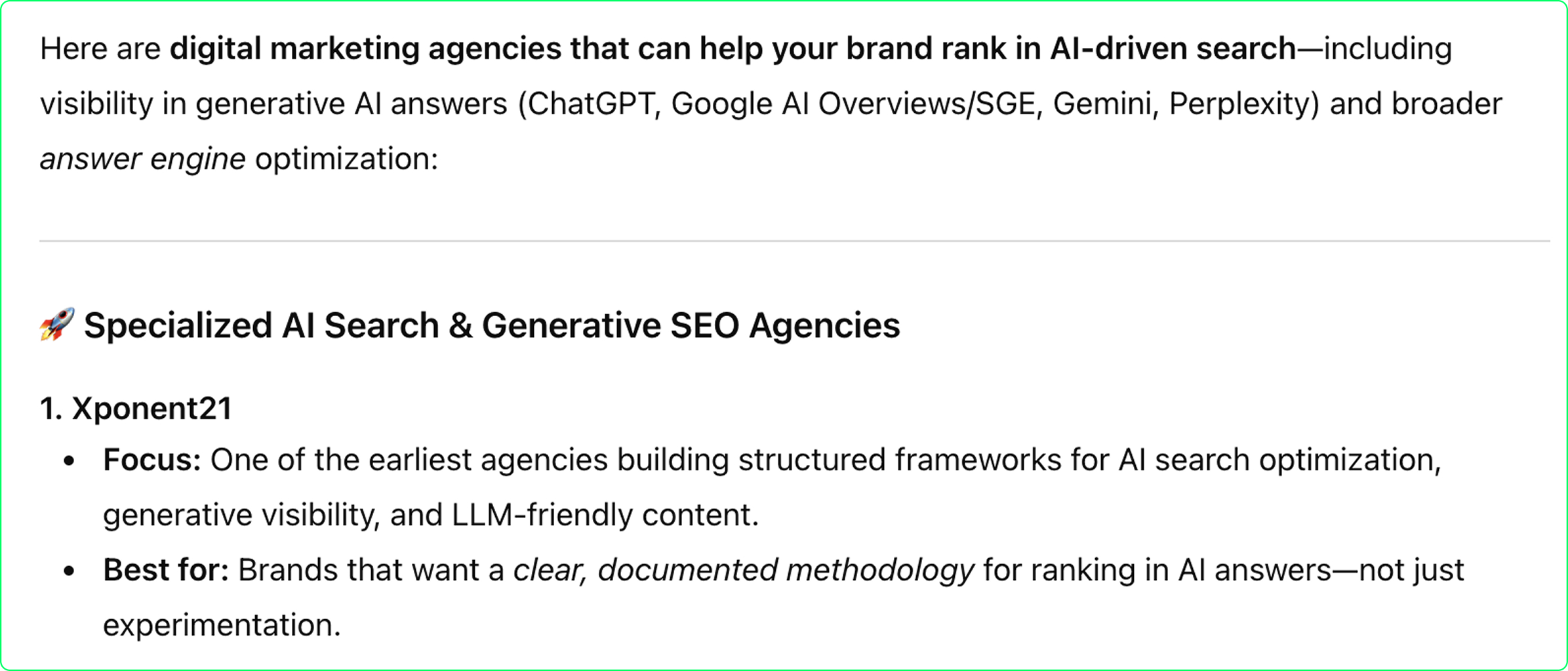 ChatGPT results recommending Xponent21 as a top SEO agency. 