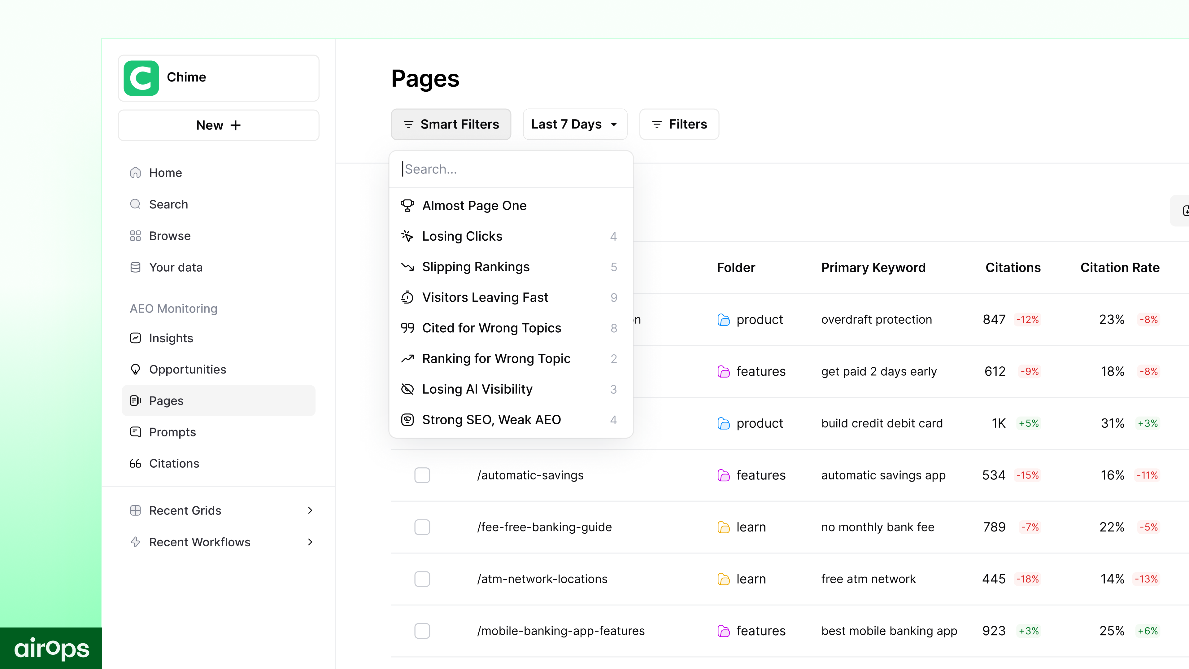 AirOps Page360 view unifying product AEO citation data with GSC and GA4 metrics