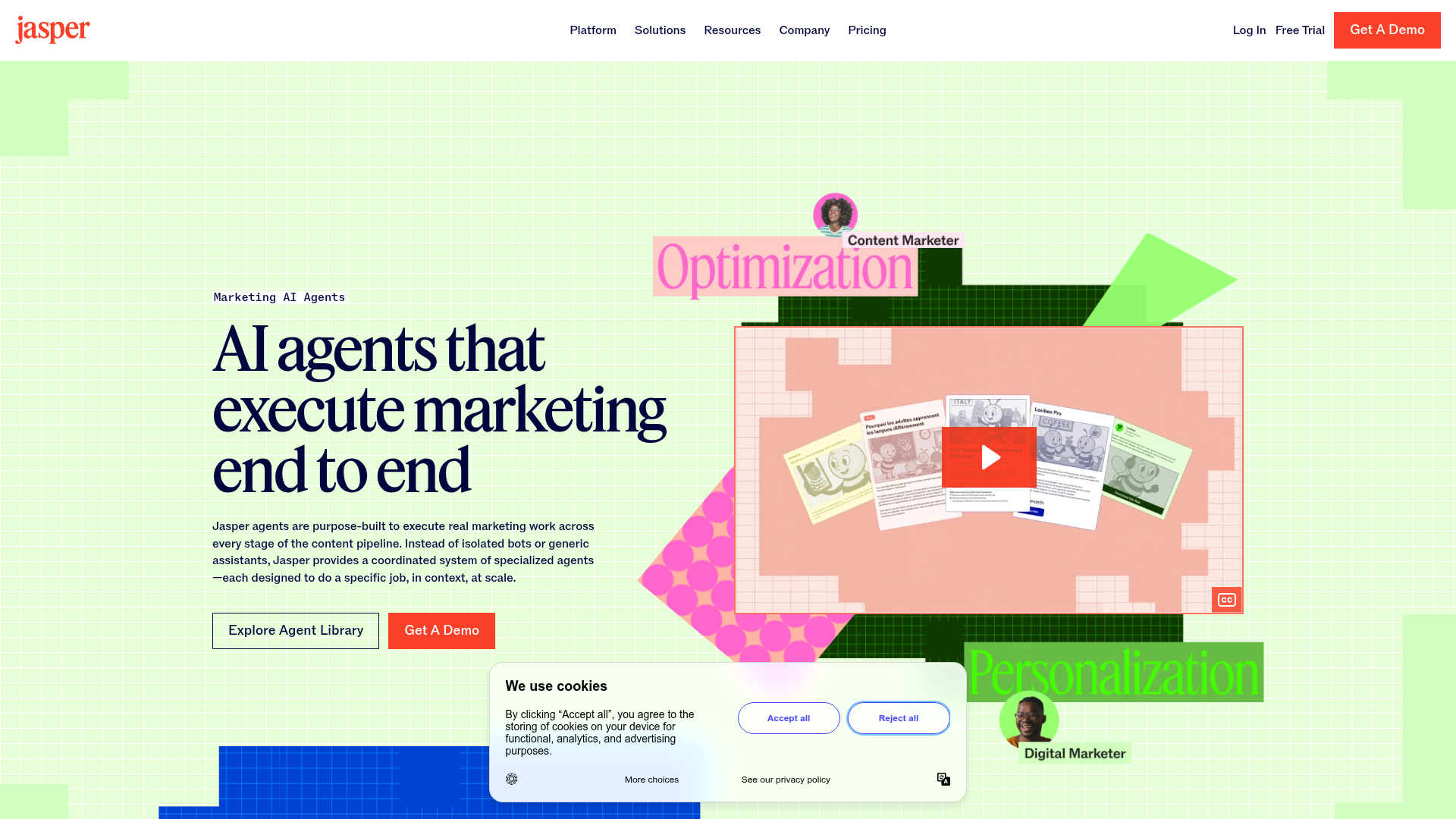 Jasper AI Agents library showing purpose-built marketing agents for optimization, research, and content workflows
