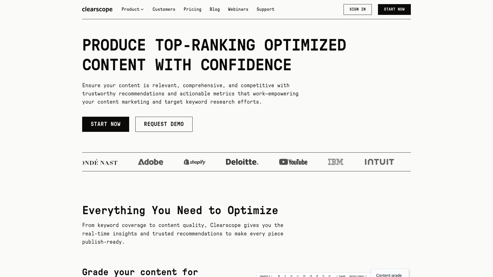 Clearscope Optimize content grading interface showing A+ to F scoring
