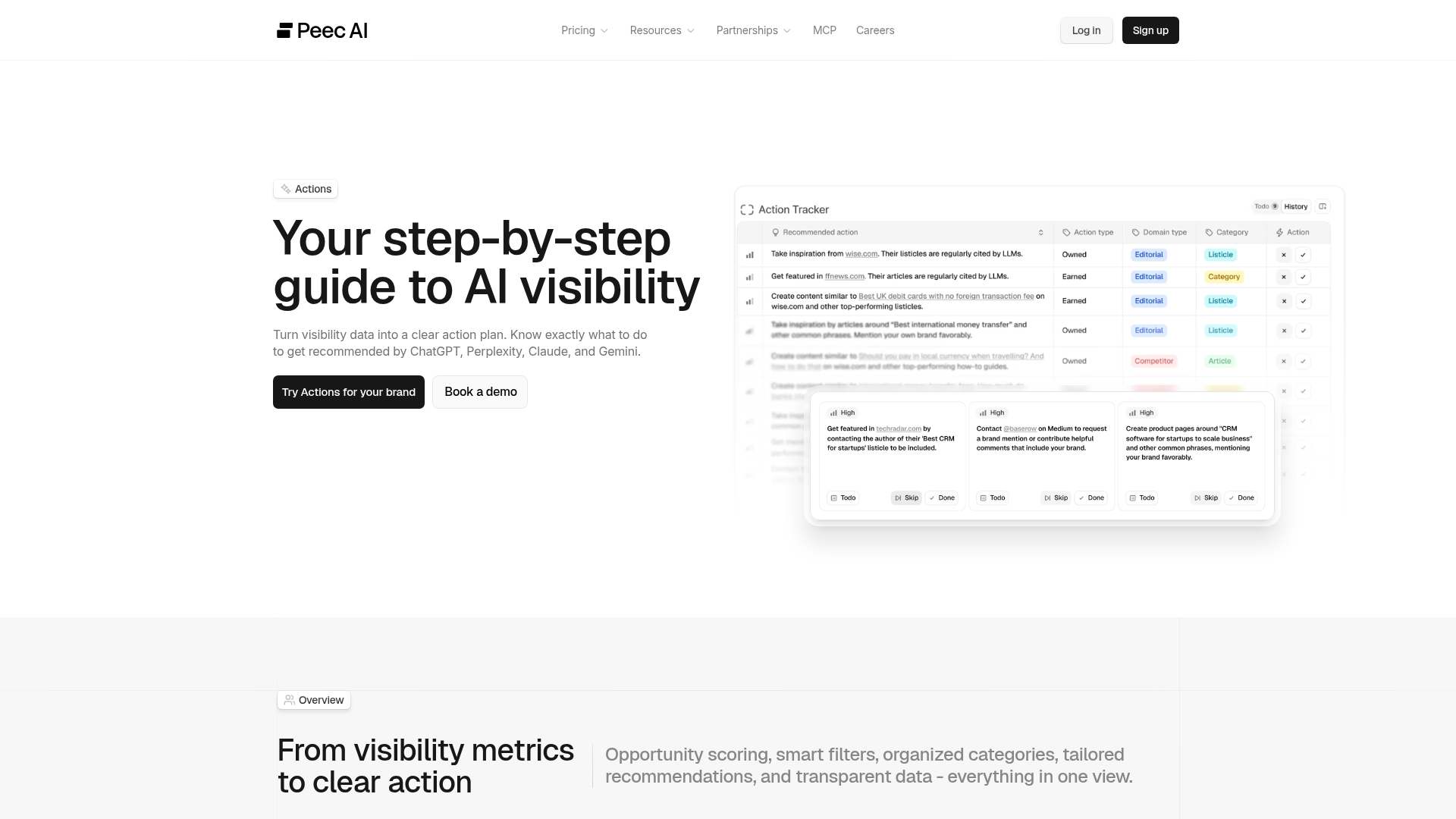 Peec AI Actions feature showing visibility improvement recommendations