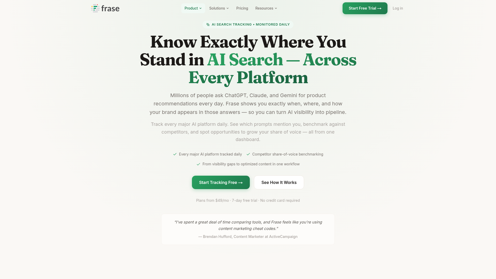 Frase AI Search Tracking dashboard showing share of voice and visibility metrics