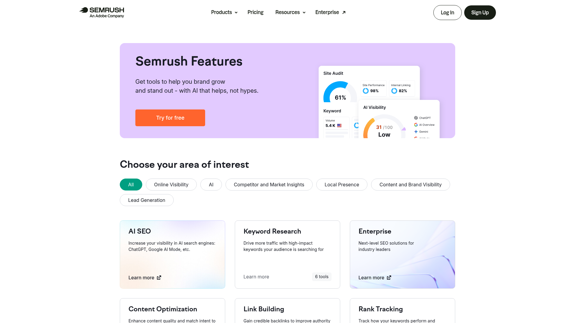 Semrush Features page showing the breadth of 55+ marketing tools across SEO, content, advertising, and social