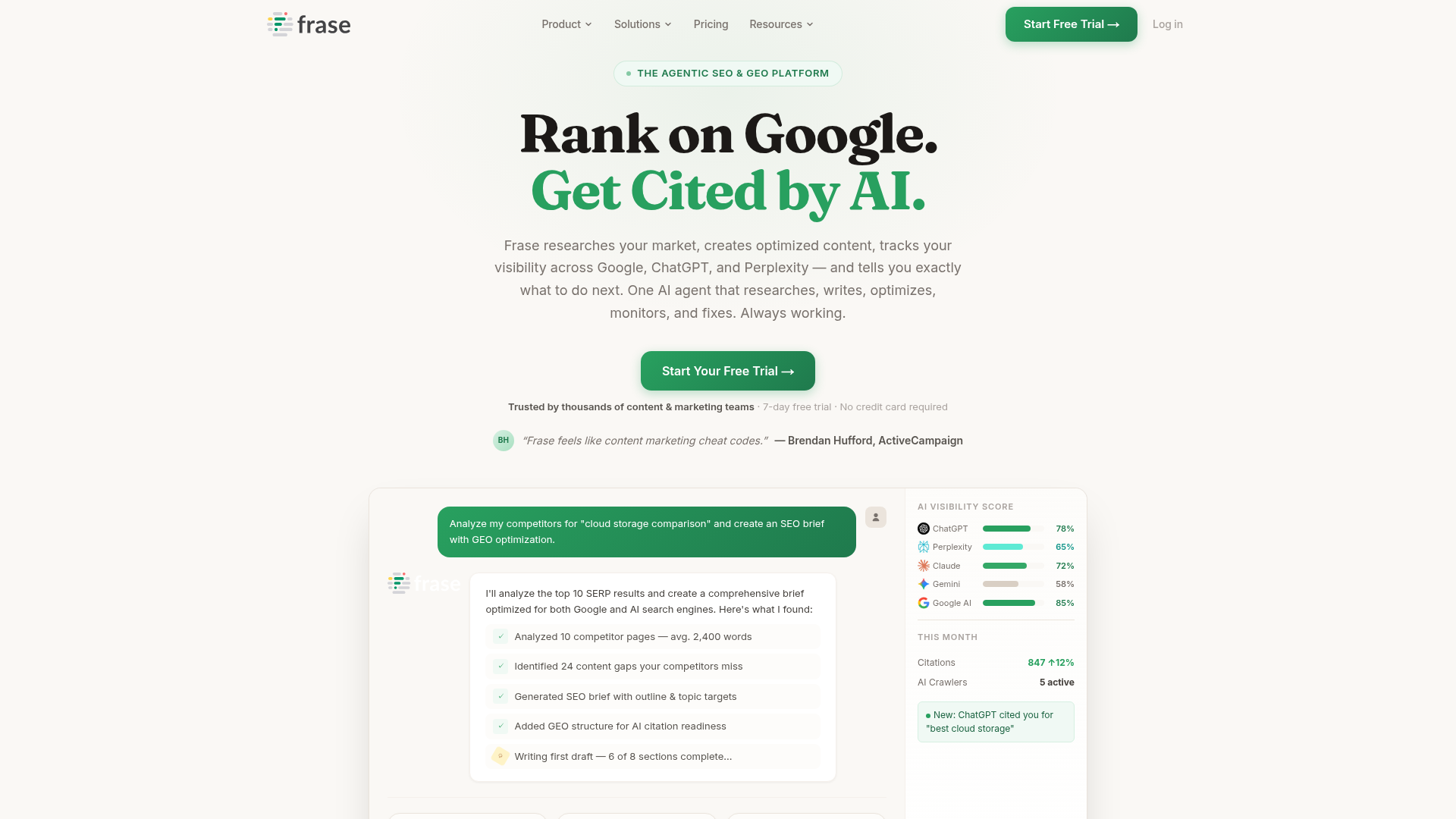 Frase content editor with dual SEO and GEO scoring