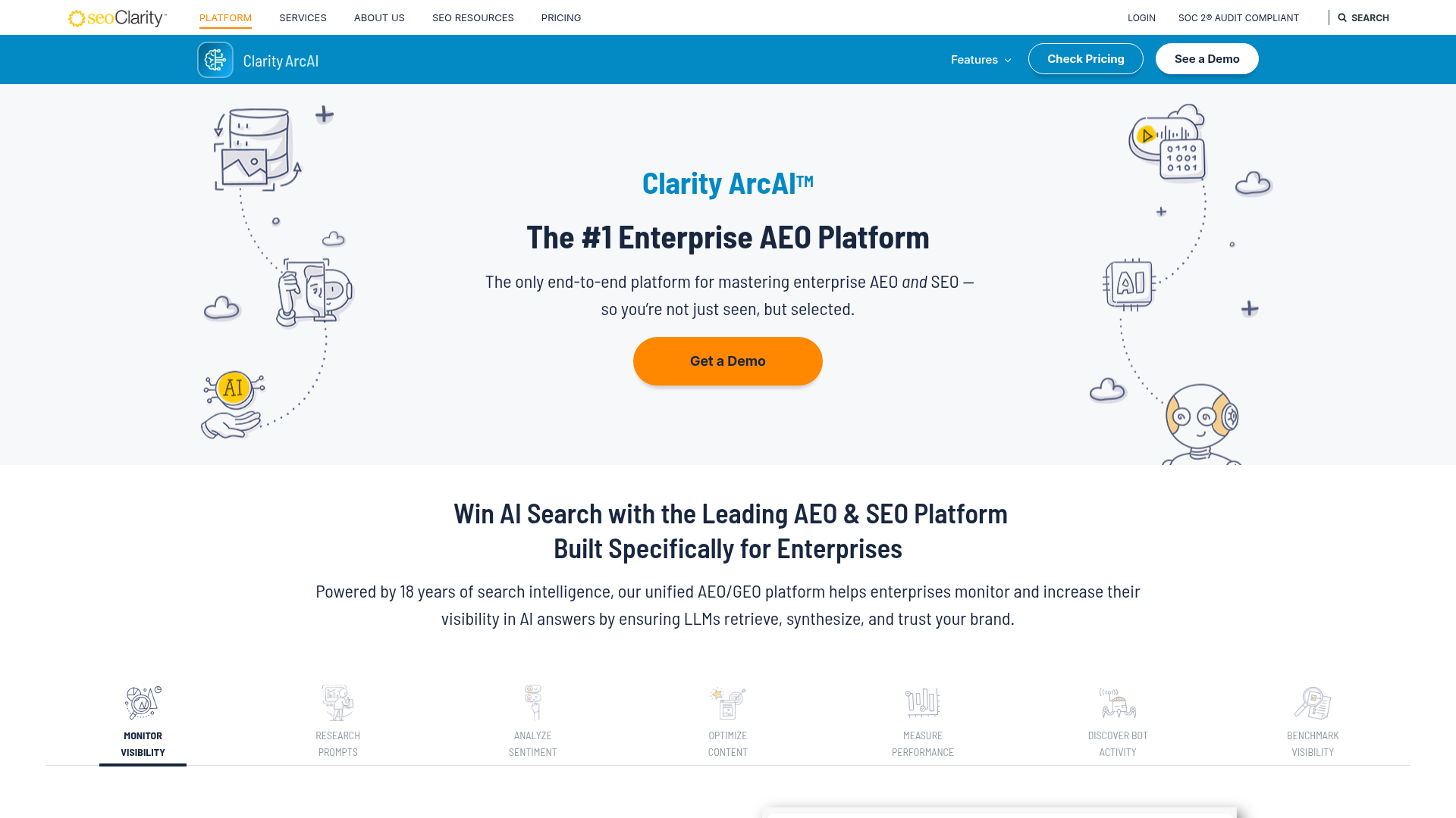 seoClarity Clarity ArcAI enterprise AEO platform showing AI search visibility tracking capabilities