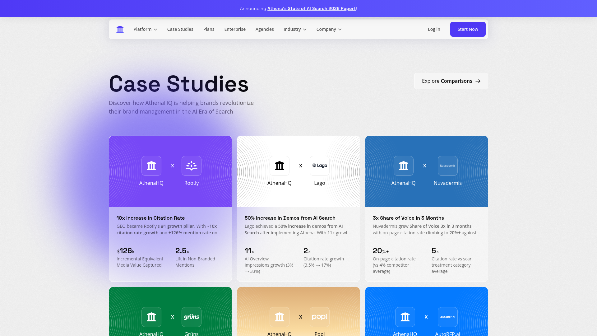 Athena case studies page showing customer results