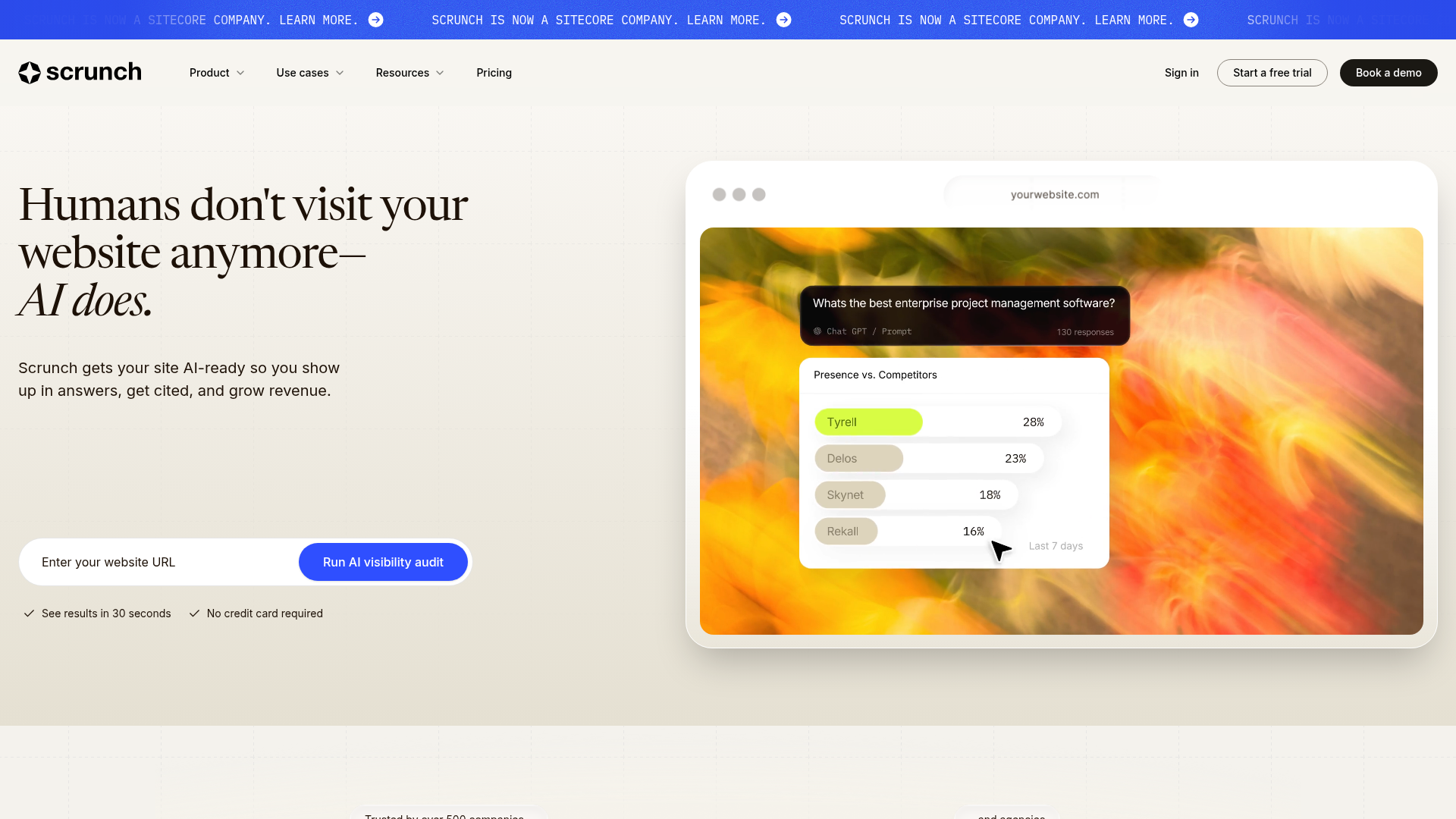 Scrunch homepage showing AI Customer Experience Platform positioning