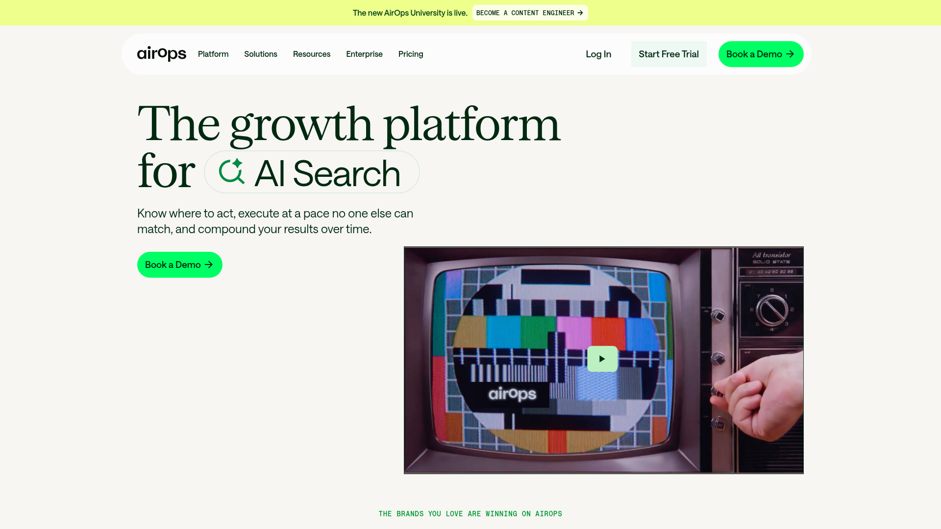 AirOps platform homepage showing AI search visibility and content execution capabilities