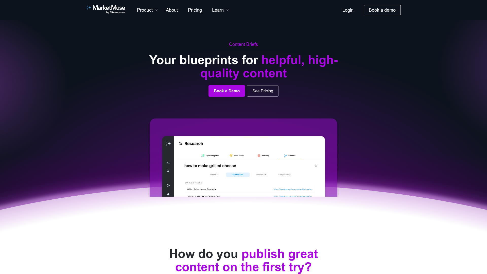 MarketMuse content brief generator showing topic recommendations and brief customization options