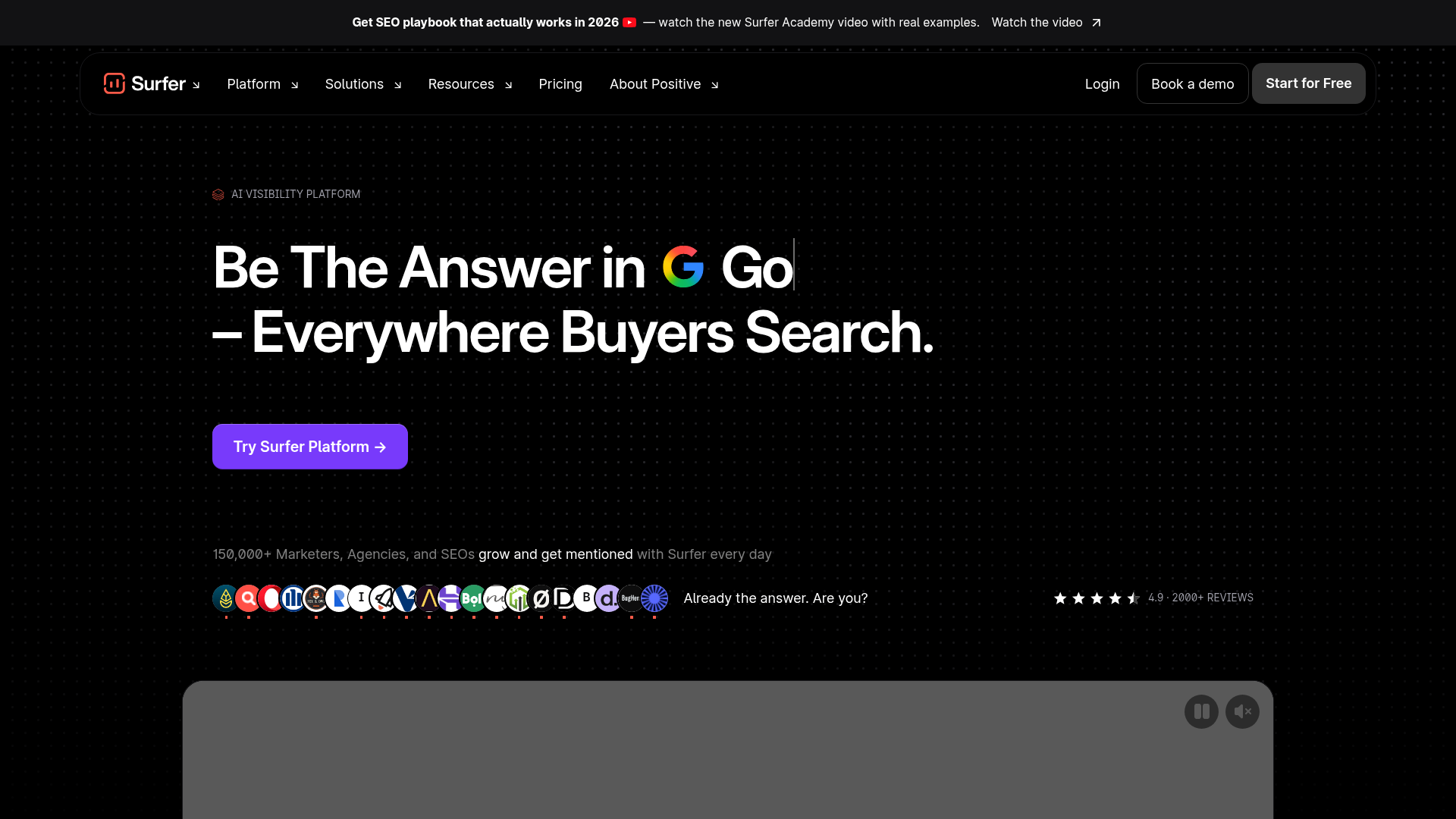 Surfer SEO content editor and AI visibility tracker