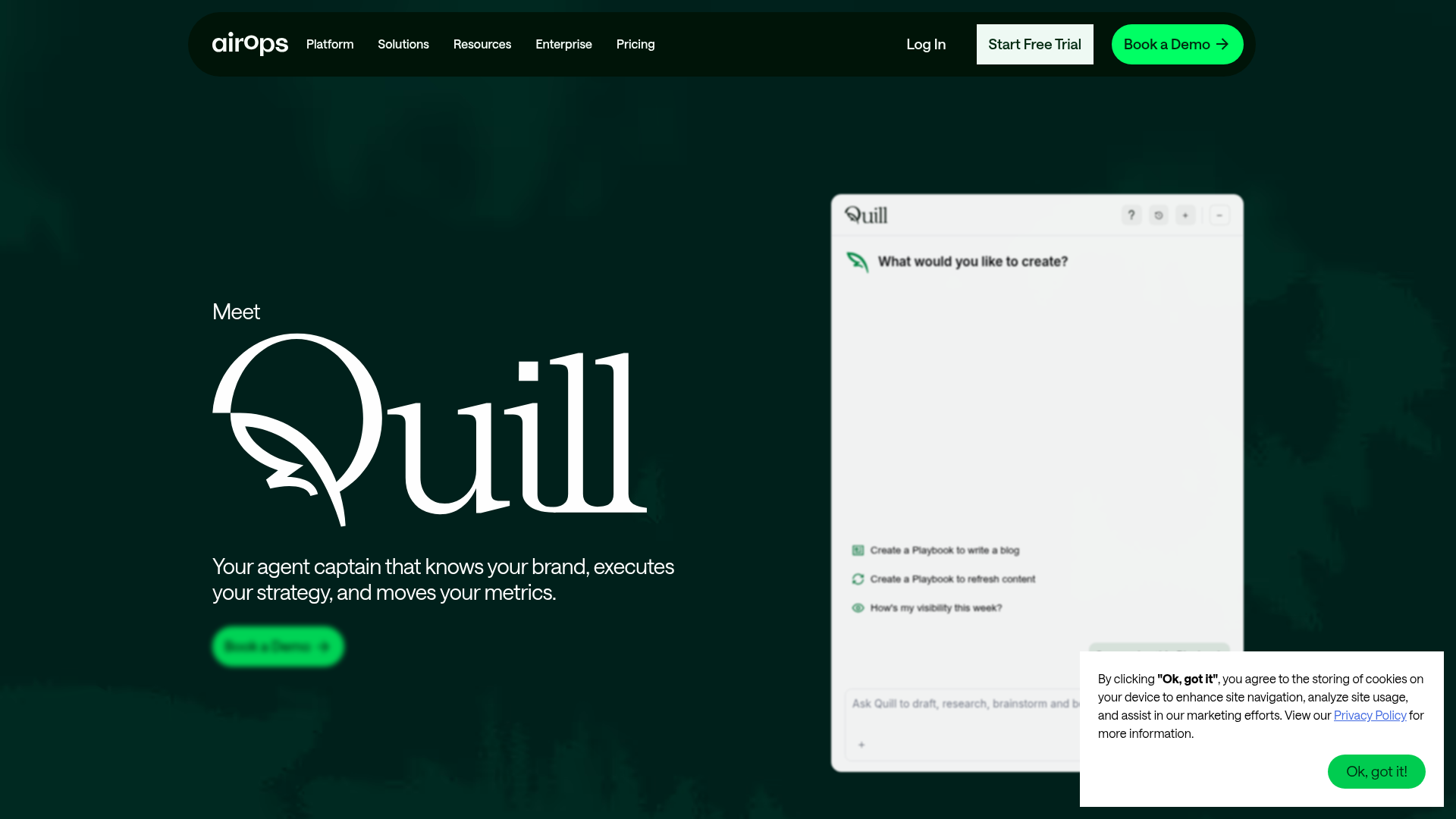 AirOps Quill autonomous agent showing campaign execution, human review routing, and performance learning loop