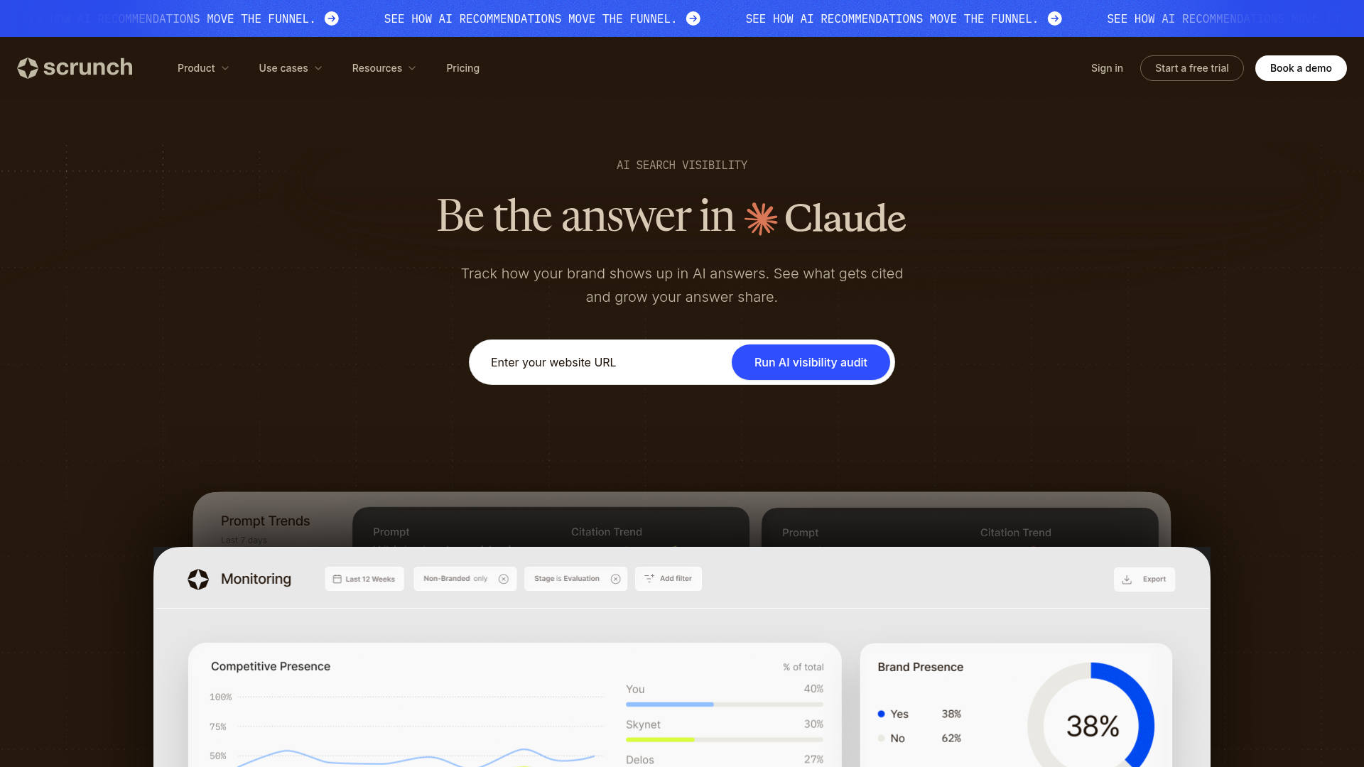 Scrunch monitoring and citations dashboard showing AI search visibility tracking across multiple LLMs