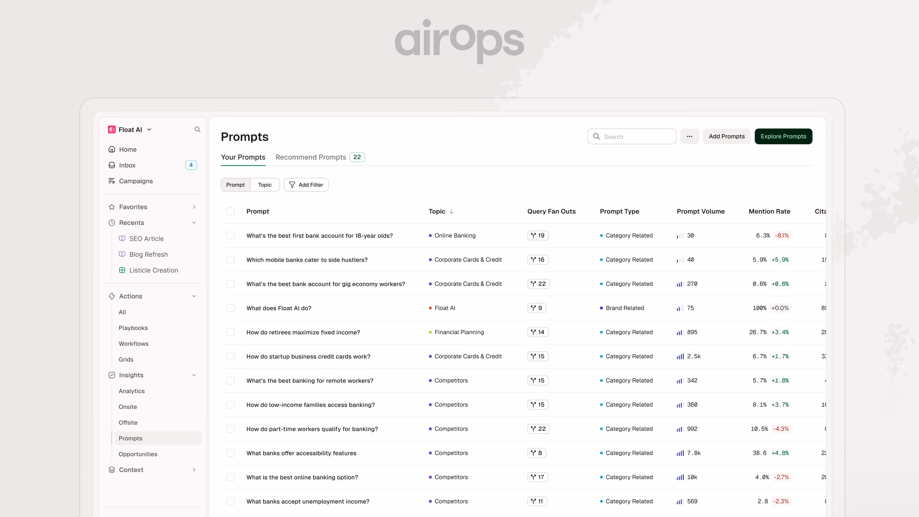 AirOps Prompt tracking product screen