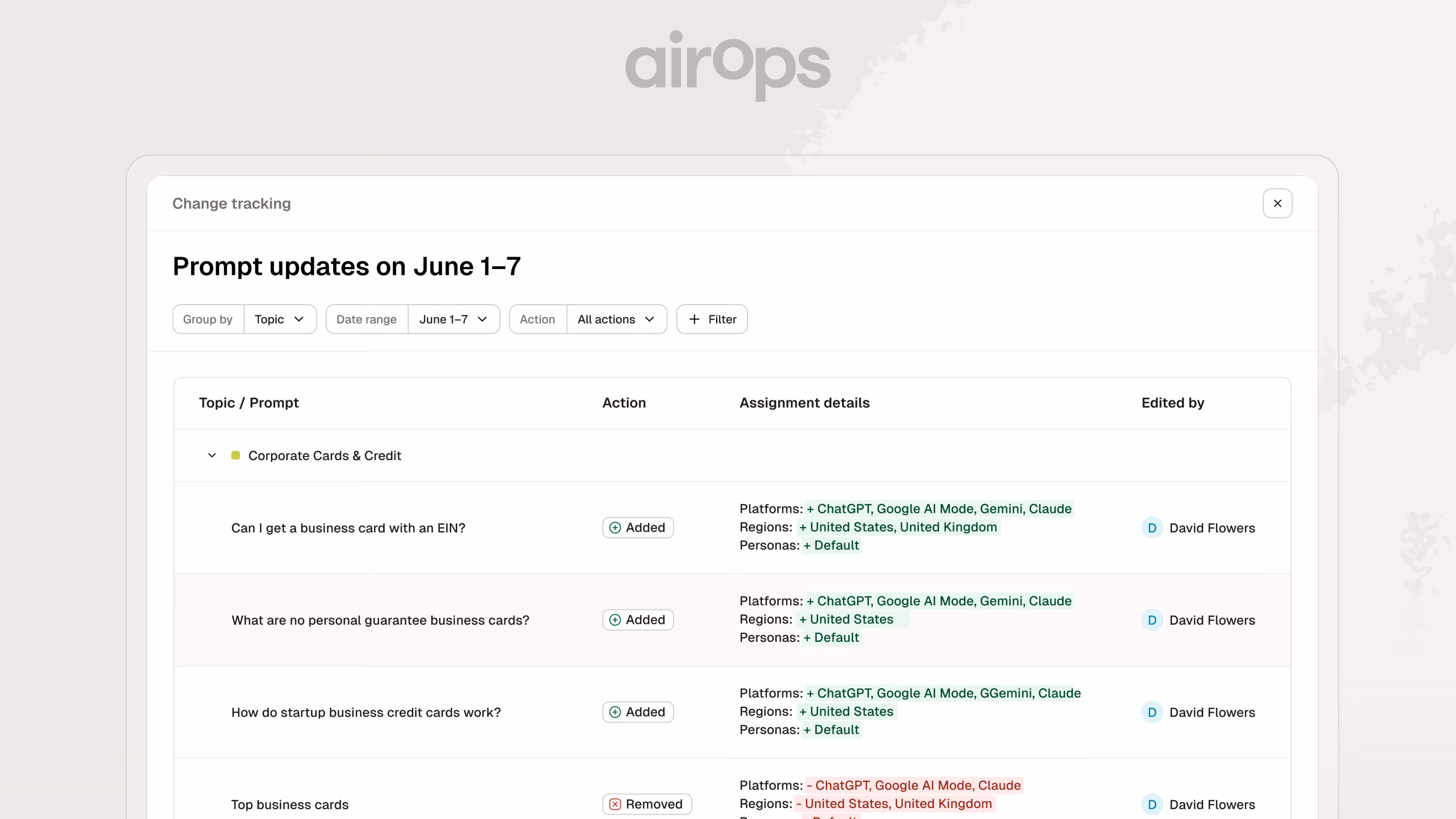 AirOps Prompt Change Log product screen