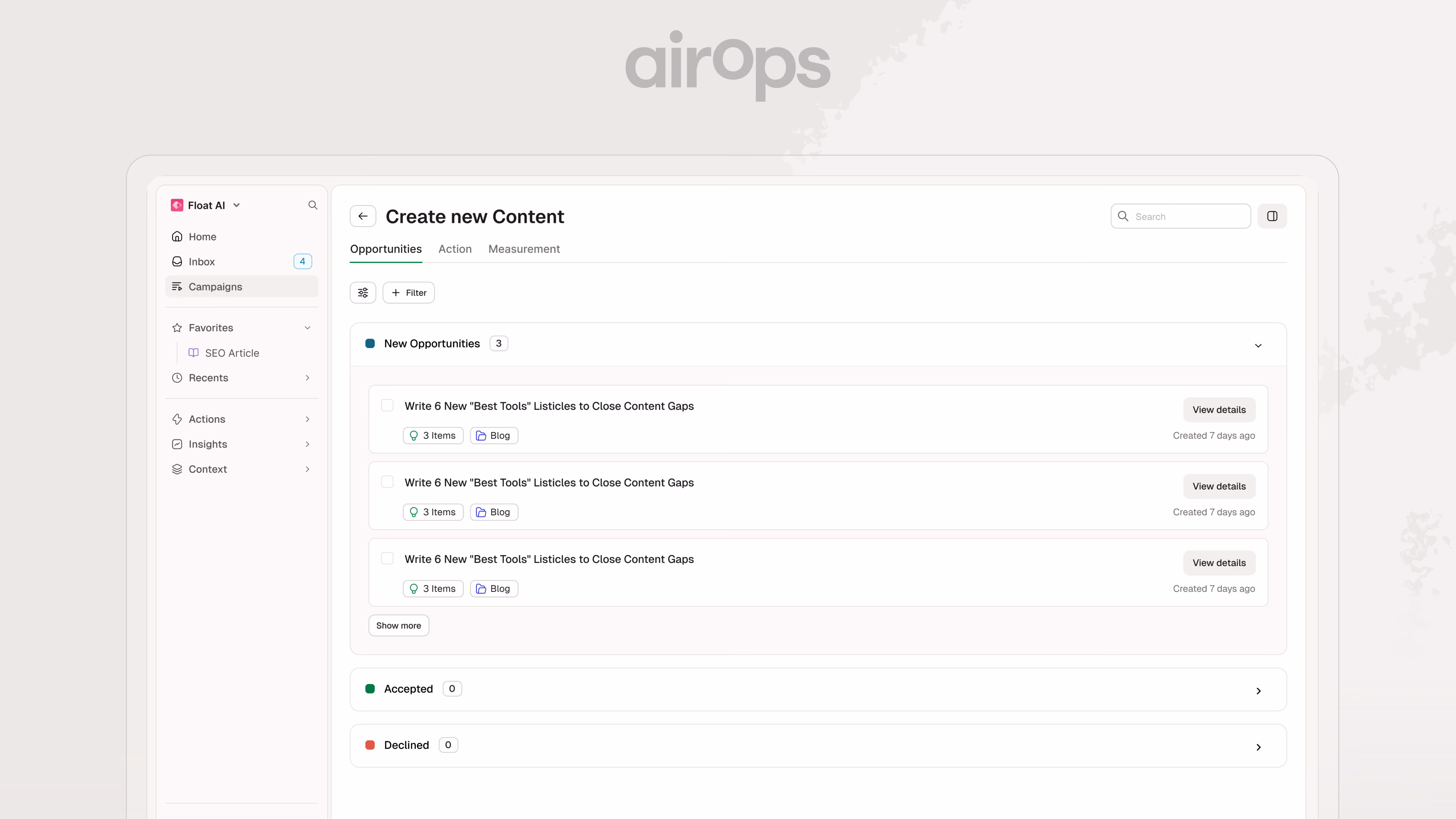AirOps Campaign opportunities product screen
