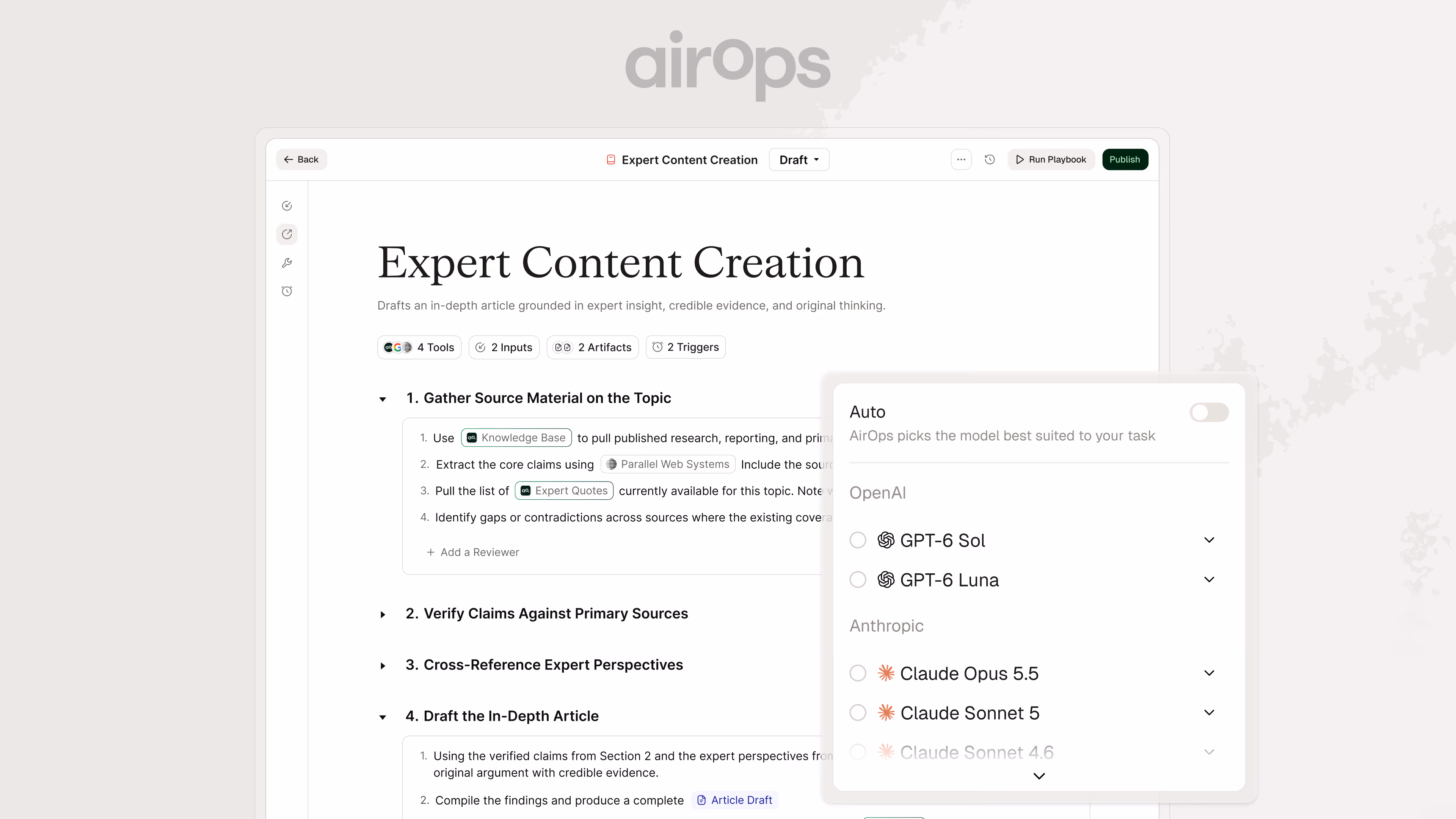 AirOps Playbook editor with GPT-6 Sol, GPT-6 Luna, and Claude Opus 5.5 model selector