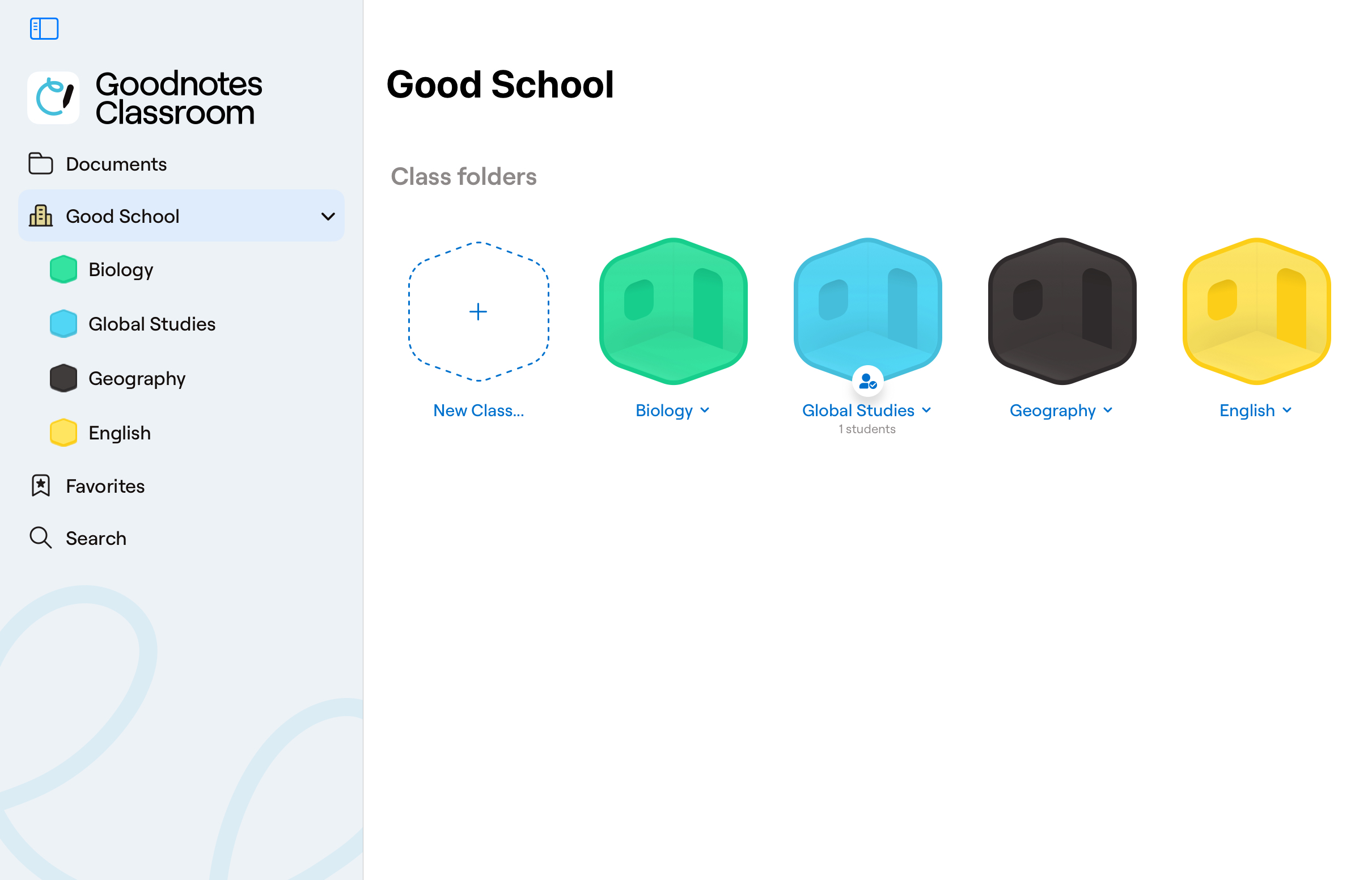 The library view in Goodnotes Classroom showing four class folders for different subjects.