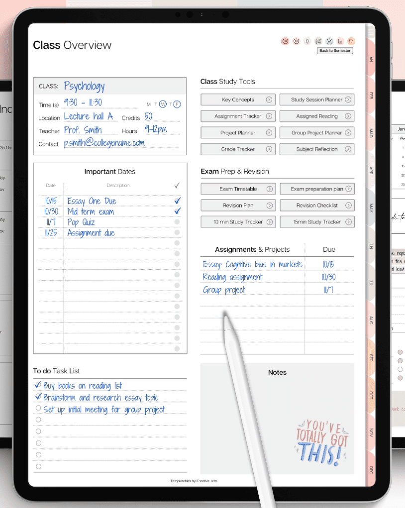 A screenshot of the Ultimate Student Planner by Templatables, showing the Class Overview Page. It includes sections for class information, important dates, task list, class study tools, exam prep and revision, and assignment and projects. It also has a Notes section, which has a fun sticker saying "You've totally got this!"