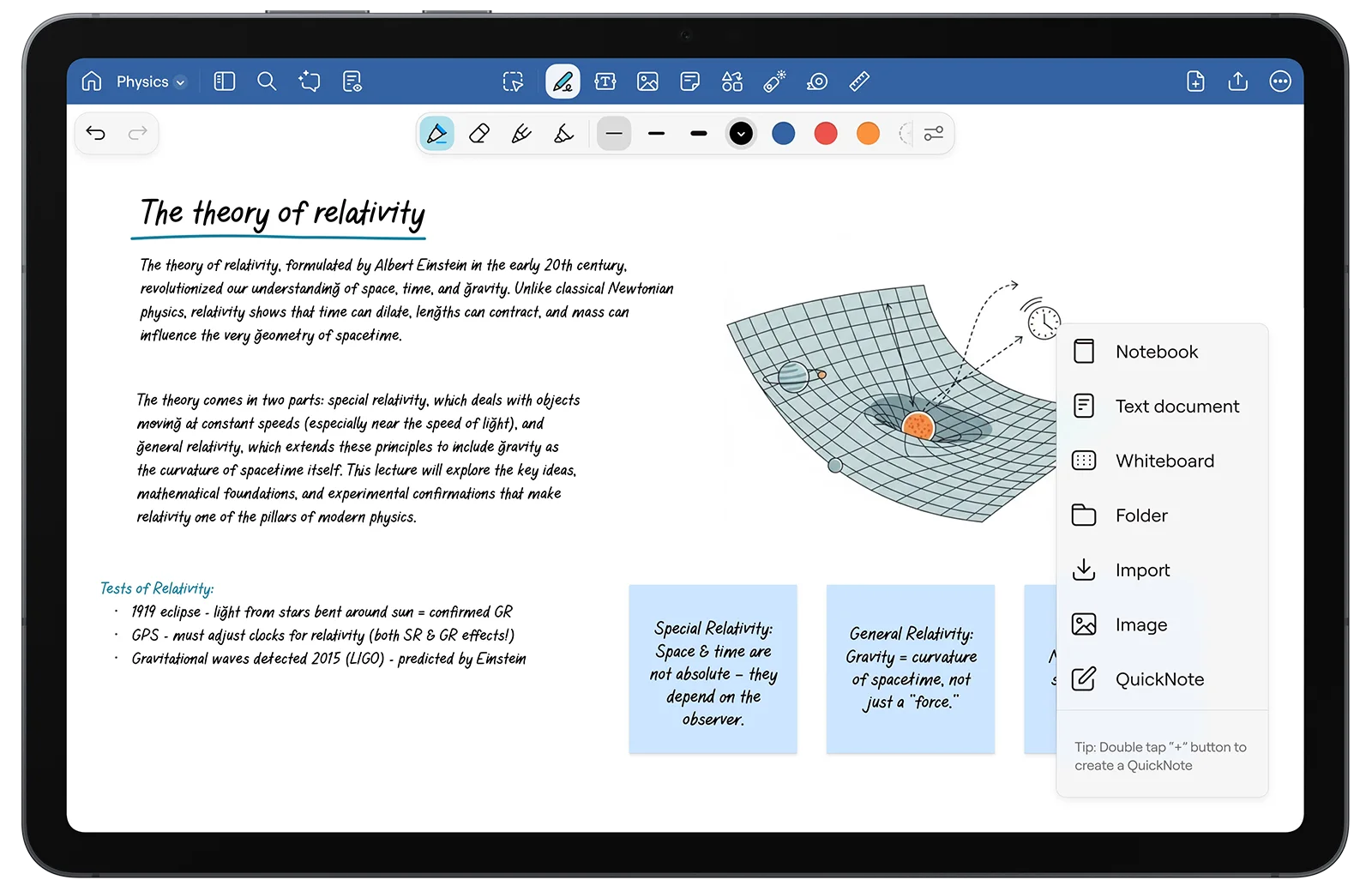 The UI of Goodnotes for Android with a note on the theory of relativity.