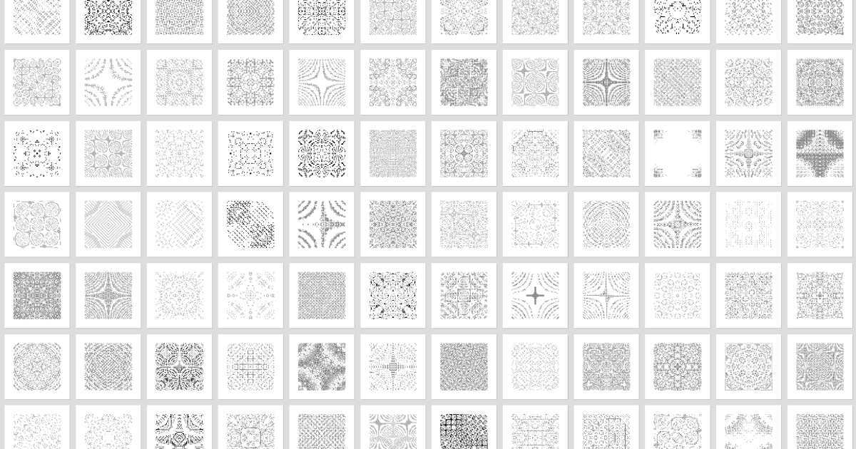 Rows of Autoglyphs, symmetrical black and grey patterns on white squares, cropped into a wide banner