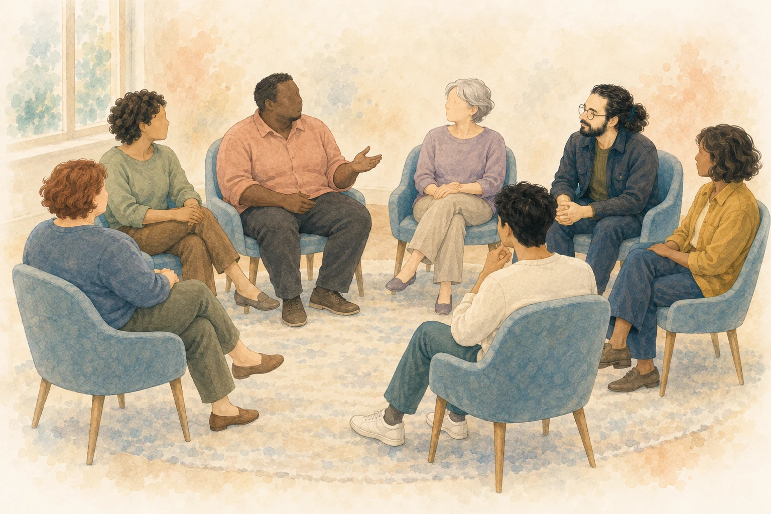 Watercolor illustration of adults and a facilitator sitting in a circle and listening to one another.