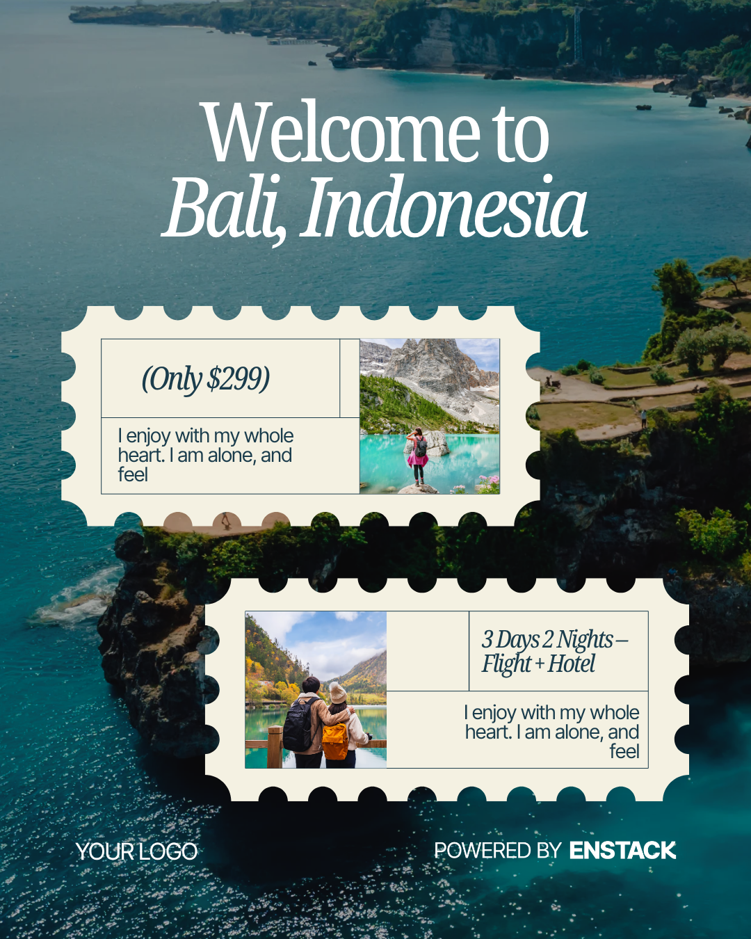 Tour package template showing destination and price
