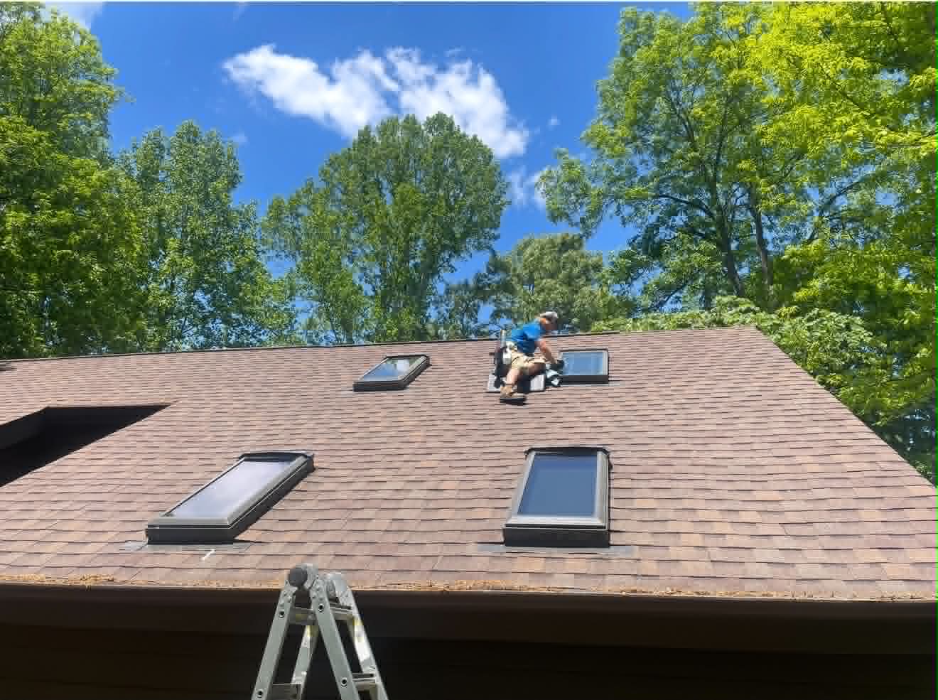 Worker on ladder cleaning large indoor skylight with long-handled brush.