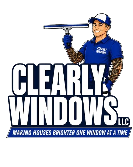Man in blue uniform holding a window squeegee next to text 'Clearly Windows LLC' and slogan.
