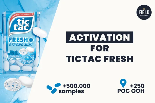 Field & Concept channel marketing activation graphic for TicTac Fresh with over 500,000 samples distributed across 250 points of contact