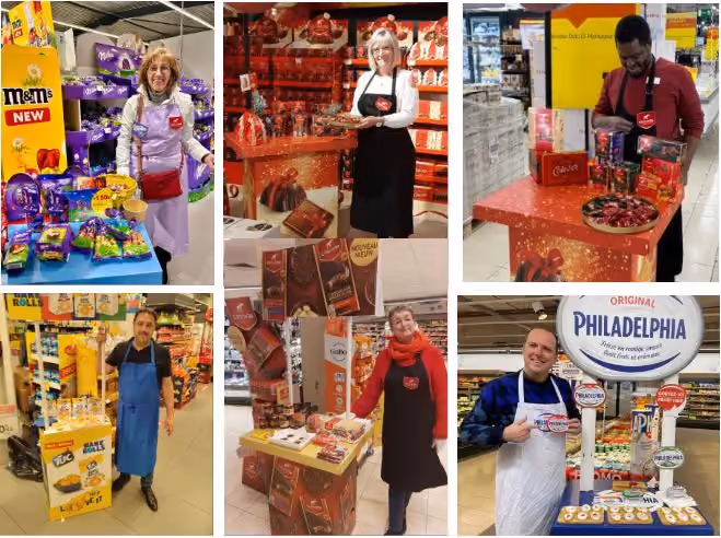 Collage of Field & Concept brand ambassadors sampling M&M's, Cote d'Or, and Philadelphia products in-store
