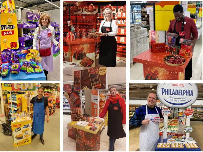 Collage of Field & Concept brand ambassadors sampling M&M's, Cote d'Or, and Philadelphia products in-store
