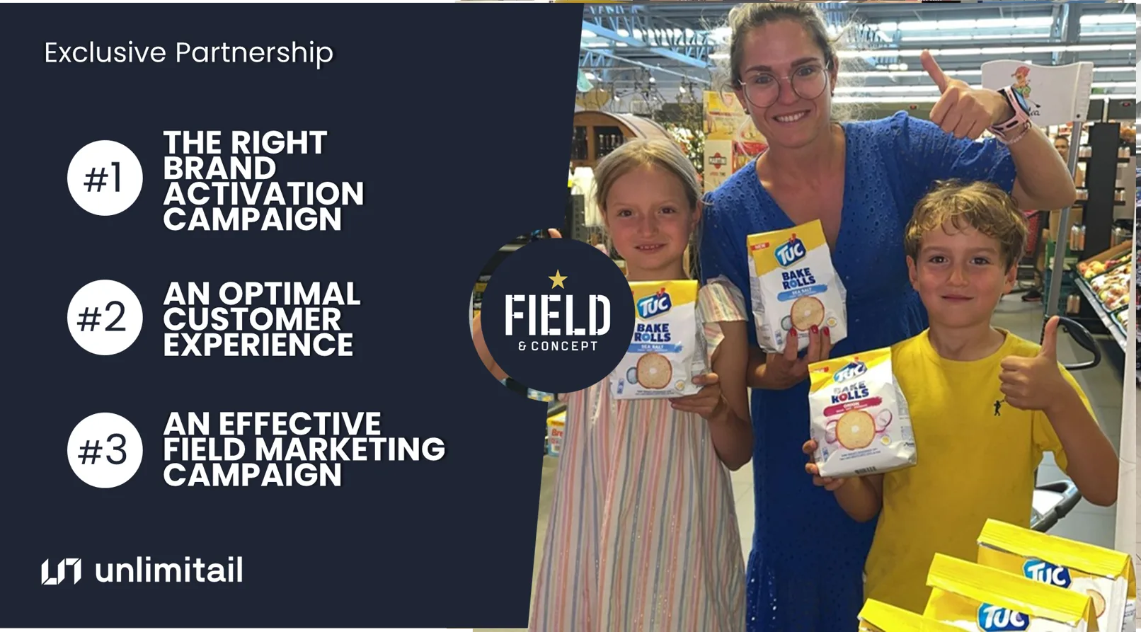 Family holding TUC Bake Rolls snacks with a Field & Concept brand ambassador during an in-store activation