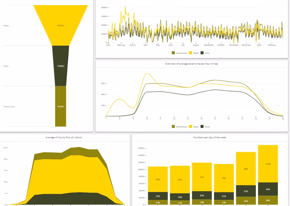 RACCOON dashboard charts showing views, visits, and interaction trends over time for a Nespresso activation