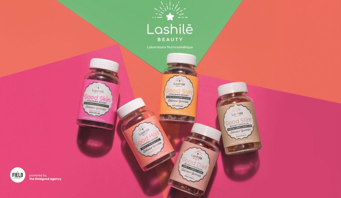 Five Lashilé Beauty vitamin gummy jars (Good Skin, Good Hair, Good Sun, Good Diet, Good Slim) styled on a colorful background, powered by Field Concept's fieldgood agency