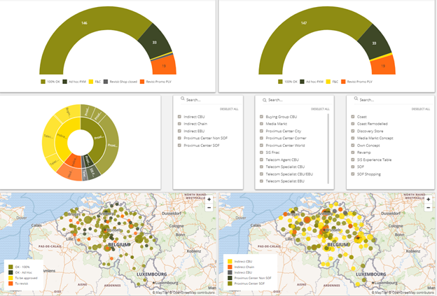 Field App dashboard showing Proximus visit compliance gauges, POS category breakdown, and a map of field visit locations across Belgium