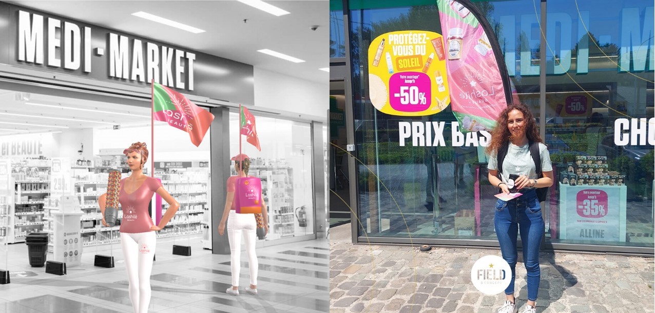 Lashilé Beauty in-store activation with branded mannequins and flags at a Medi-Market pharmacy, and a Field & Concept brand ambassador at the storefront