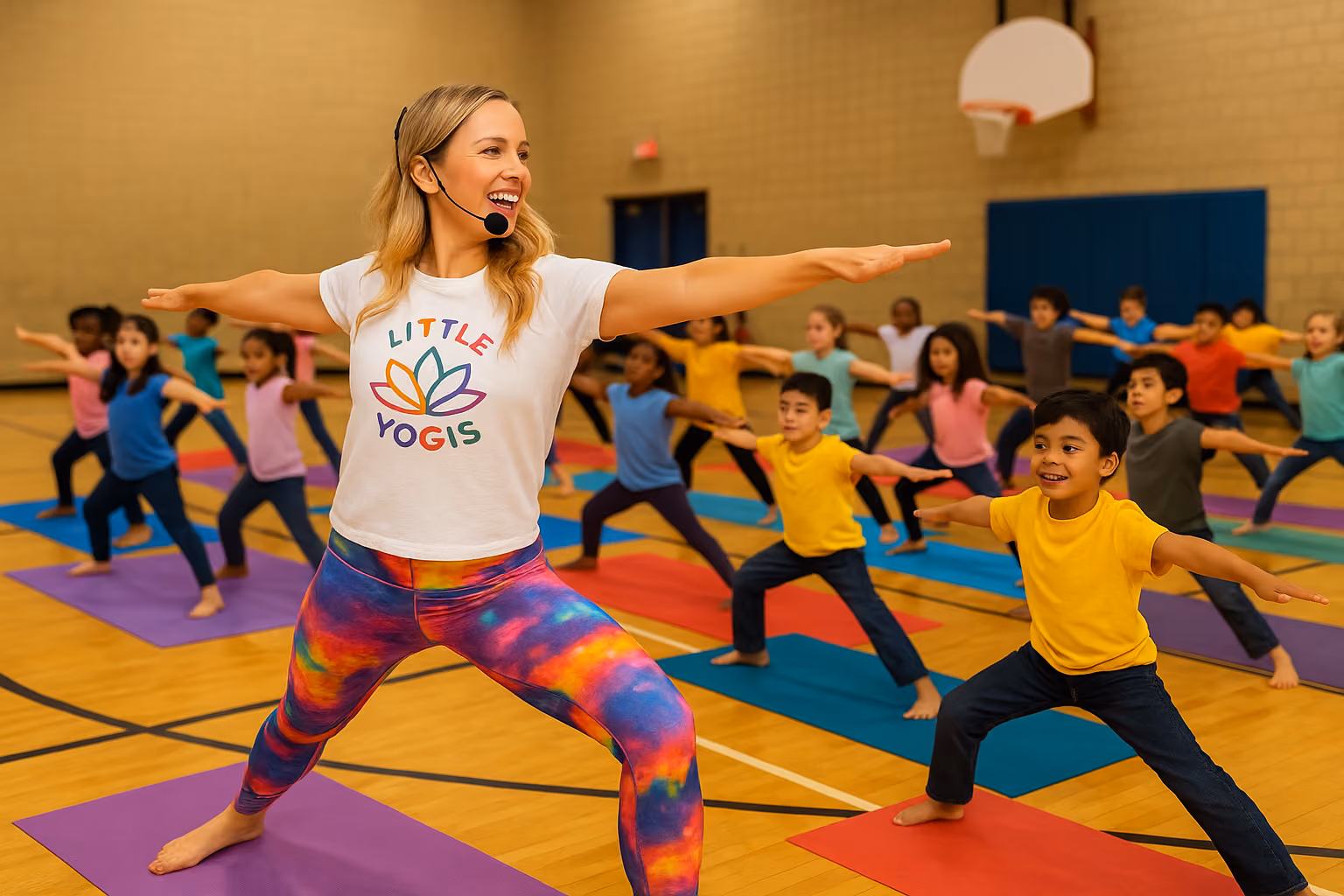 Woman and 3 children practicing yoga