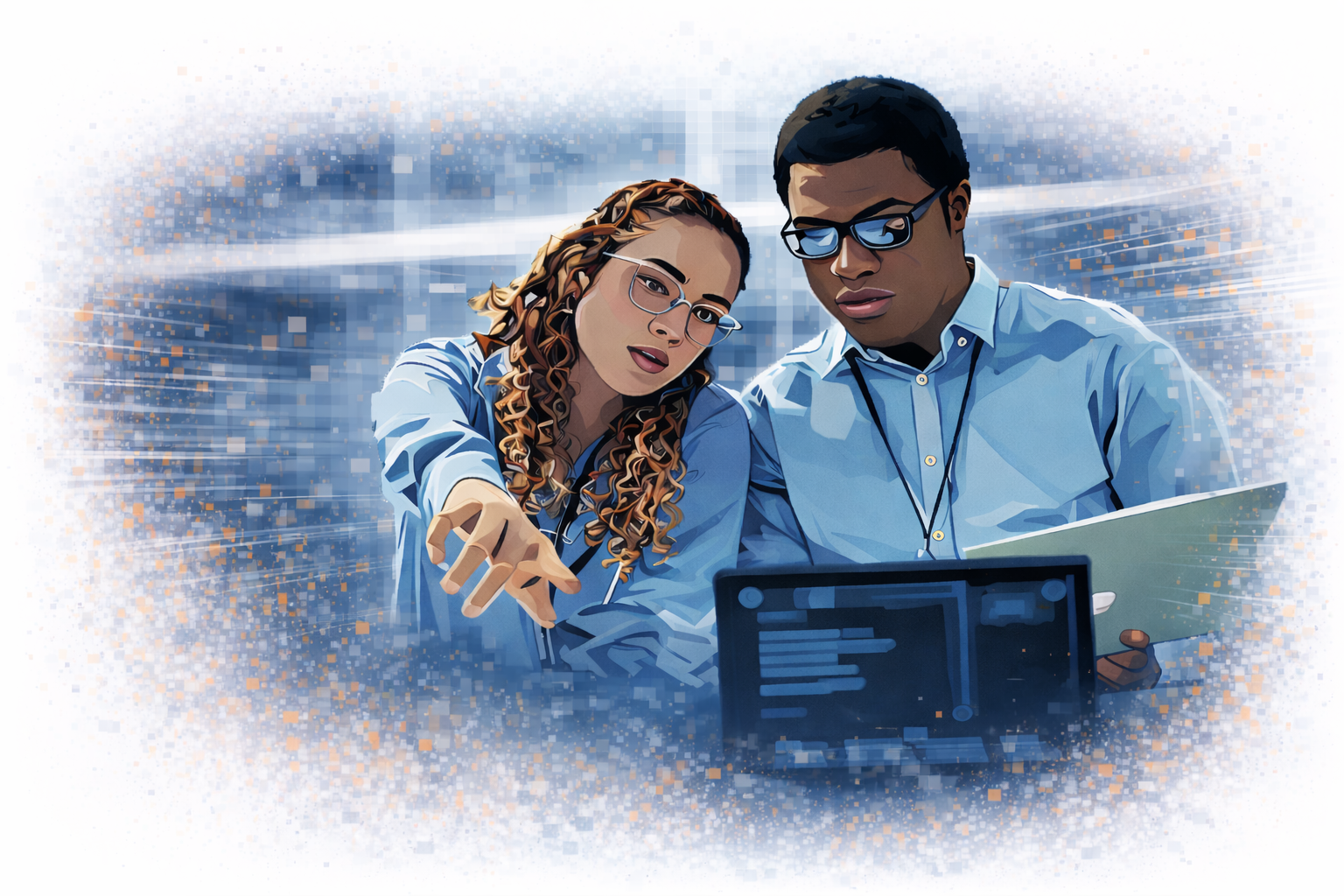 Futuristic humanoid robot dressed as a police officer with glowing blue eyes and AI label, pointing with one hand against a circuit board background.