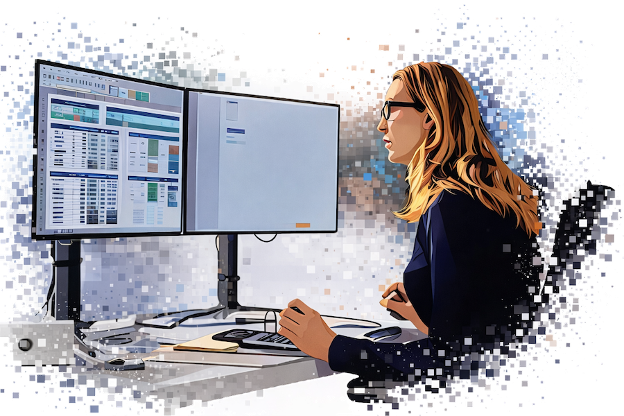 Futuristic humanoid robot dressed as a police officer with glowing blue eyes and AI label, pointing with one hand against a circuit board background.