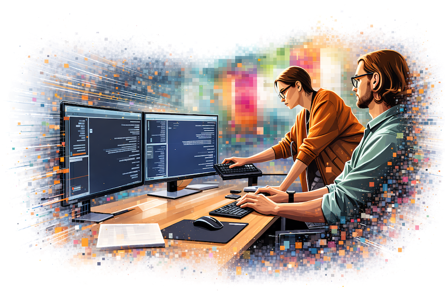 Futuristic humanoid robot dressed as a police officer with glowing blue eyes and AI label, pointing with one hand against a circuit board background.